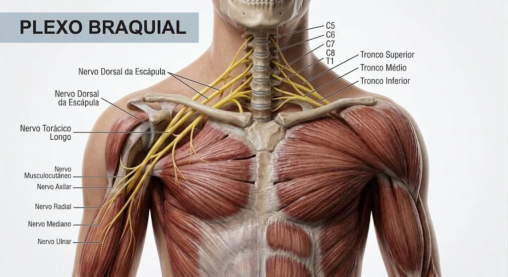 Ilustração anatômica do plexo braquial saindo das raízes C5 a T1 no pescoço, formando os troncos superior, médio e inferior e dando origem aos nervos musculocutâneo, axilar, radial, mediano e ulnar.