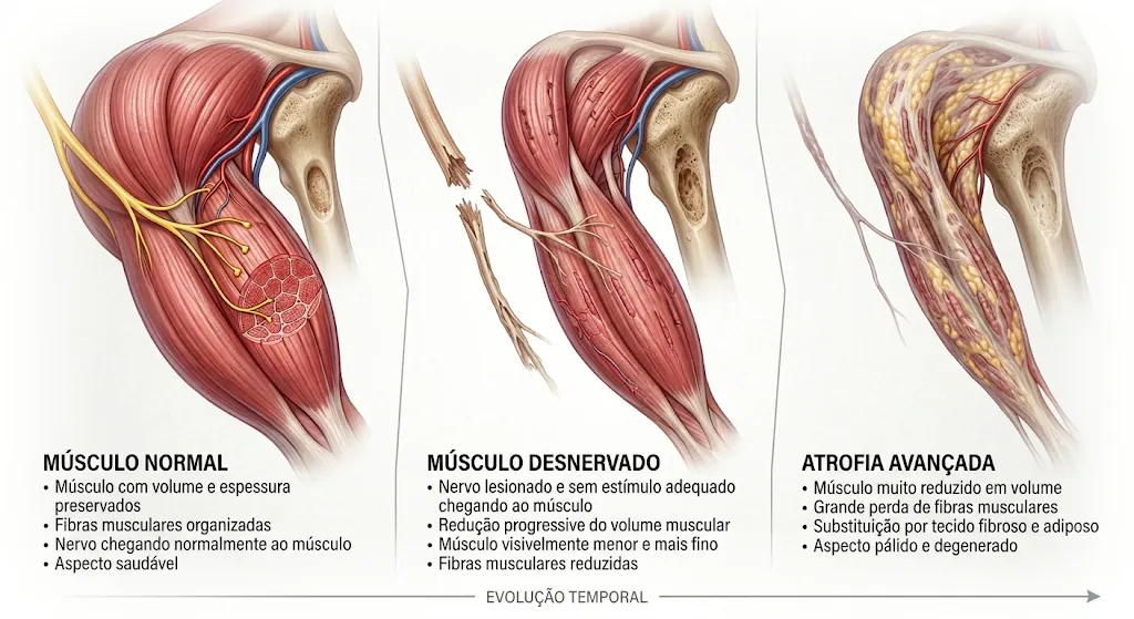 Ilustração em três etapas da evolução de um músculo do braço sem inervação: músculo normal, músculo desnervado com volume reduzido e atrofia avançada, com fibras substituídas por tecido fibroso e gordura.