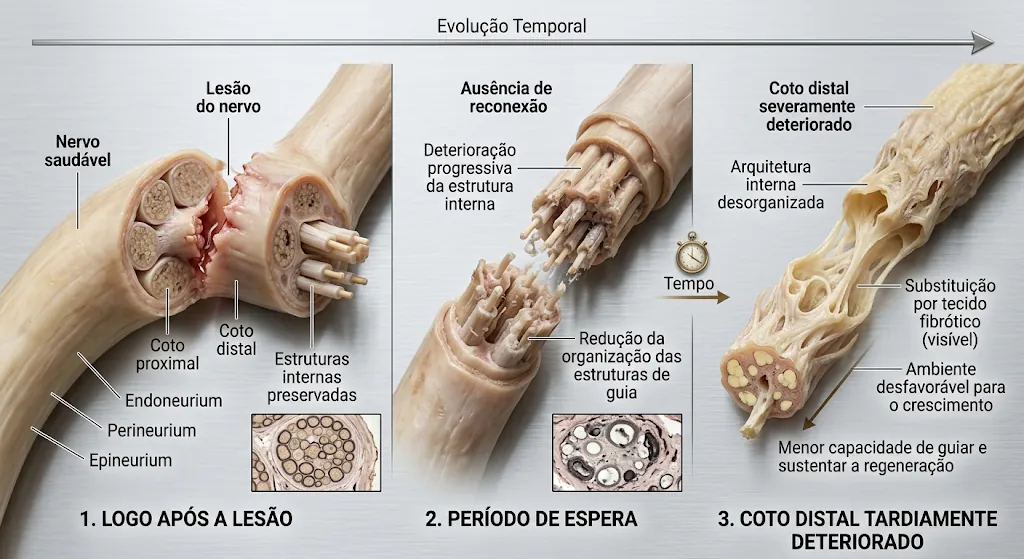 Ilustração em três etapas do coto distal de um nervo lesionado: estruturas internas preservadas logo após a lesão, deterioração progressiva no período de espera e, tardiamente, arquitetura desorganizada e fibrosa.