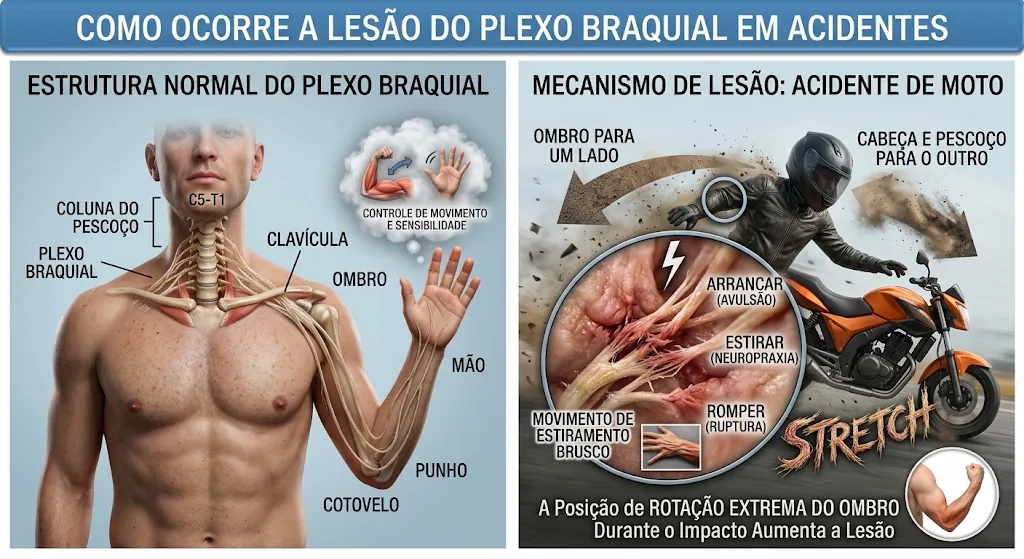 Ilustração de um acidente de moto em que o ombro é empurrado para um lado e a cabeça e o pescoço para o outro, com detalhe dos nervos do plexo braquial estirados, rompidos ou arrancados.