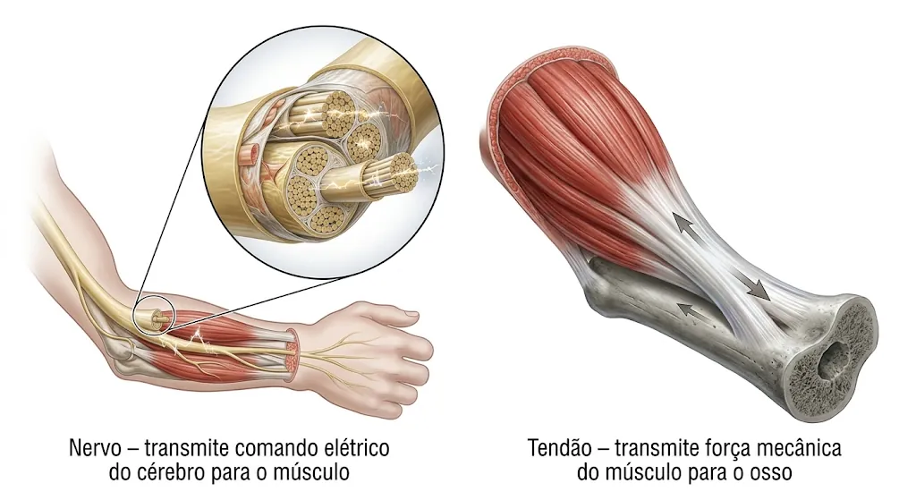 Ilustração comparativa: à esquerda, um nervo no antebraço com detalhe de seus feixes internos, que transmite o comando elétrico do cérebro para o músculo; à direita, um tendão ligando o músculo ao osso, que transmite a força mecânica.