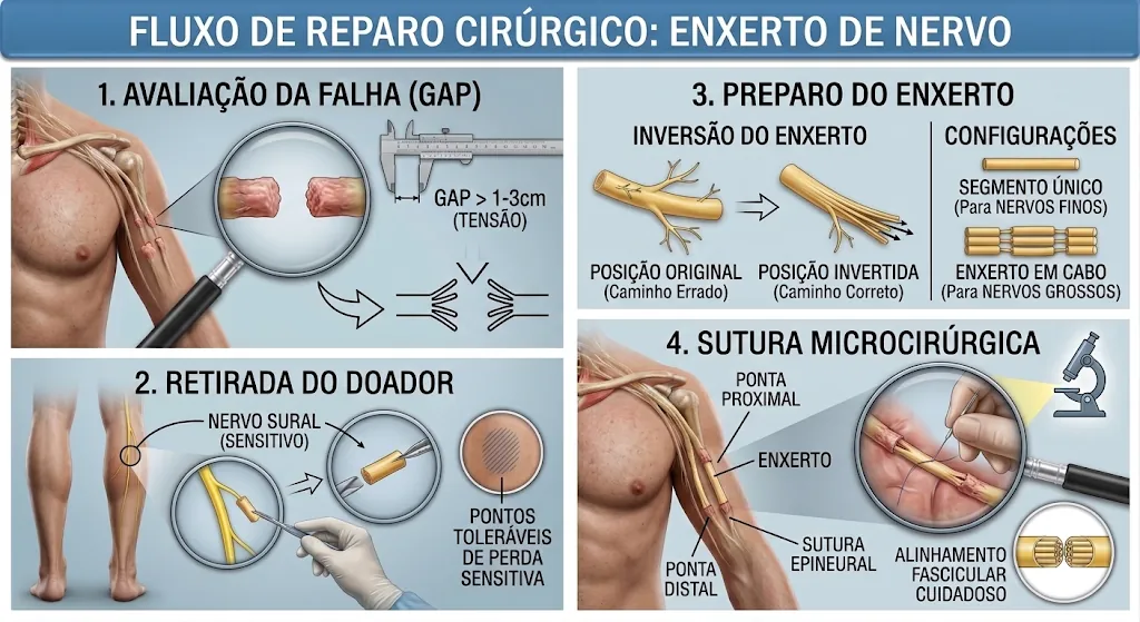 Ilustração do fluxo cirúrgico do enxerto de nervo: medida da falha entre as pontas, retirada do nervo sural na perna, preparo do enxerto em segmento único ou em cabo e sutura microcirúrgica entre as duas pontas do nervo.
