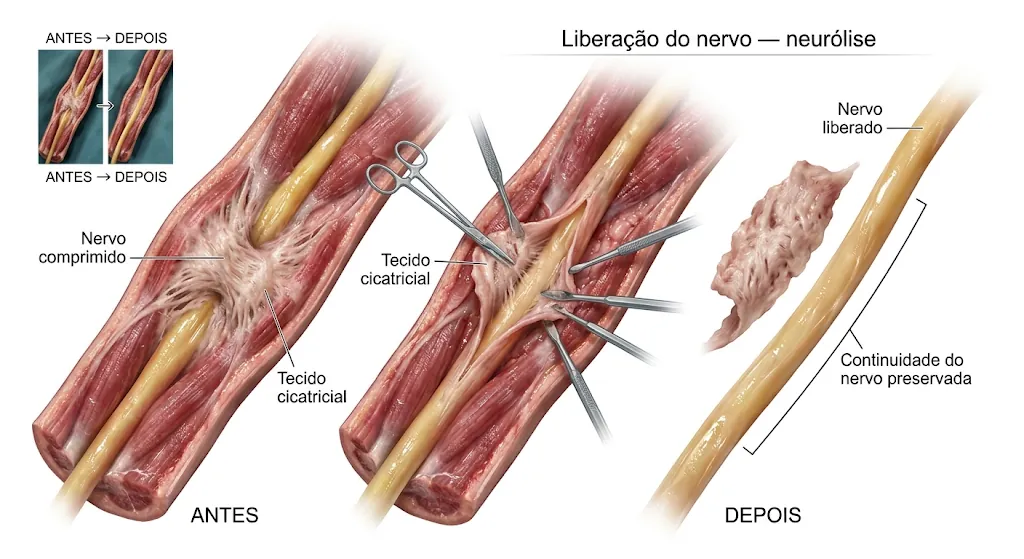 Ilustração da neurólise: antes, o nervo comprimido por tecido cicatricial; durante, a cicatriz sendo removida com instrumentos cirúrgicos; depois, o nervo liberado e com a continuidade preservada.