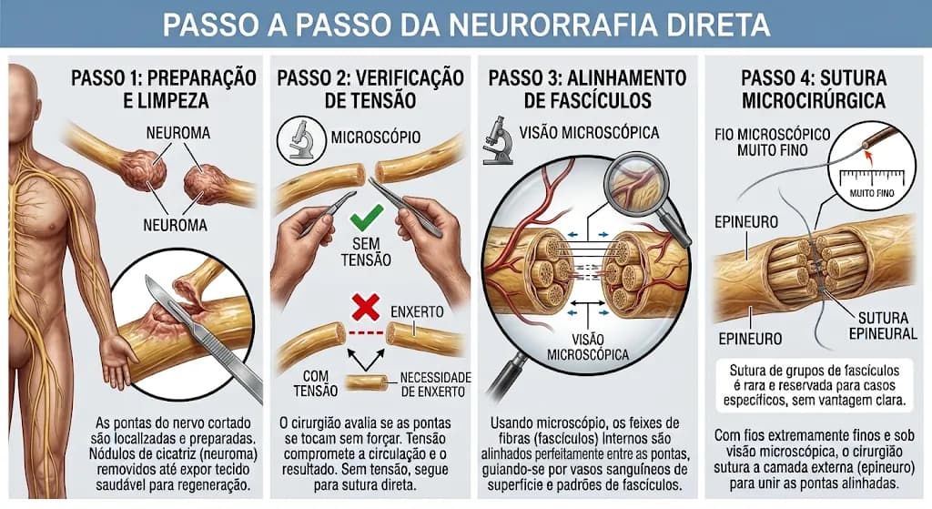Ilustração em quatro passos da neurorrafia direta: preparo das pontas do nervo com retirada do neuroma, verificação de que as pontas se encontram sem tensão, alinhamento dos fascículos ao microscópio e sutura microcirúrgica do epineuro.
