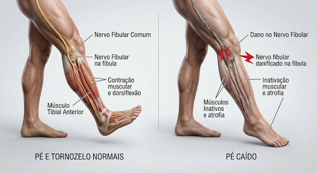 Ilustração comparando uma perna normal, em que o nervo fibular comum ativa o músculo tibial anterior para levantar o pé, com uma perna com dano no nervo fibular junto à fíbula, músculos inativos e o pé caído.