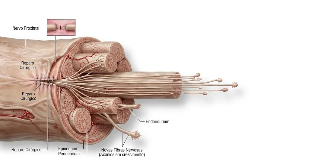 Ilustração de um nervo reparado cirurgicamente, mostrando o ponto de sutura e novas fibras nervosas (axônios) crescendo a partir dele dentro das camadas do nervo.