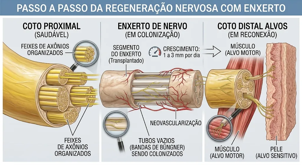Ilustração do enxerto funcionando como ponte: as fibras do coto proximal saudável atravessam os tubos vazios do enxerto, que recebe novos vasos sanguíneos, até o coto distal, e seguem para o músculo e a pele.
