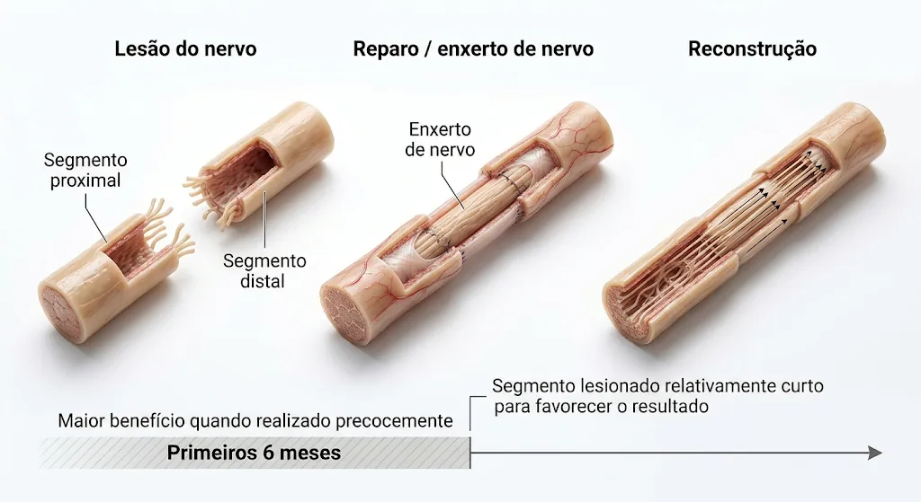 Ilustração em três etapas: nervo lesionado com os segmentos proximal e distal separados, colocação de um enxerto de nervo entre eles e o nervo reconstruído, com destaque para o maior benefício nos primeiros 6 meses.