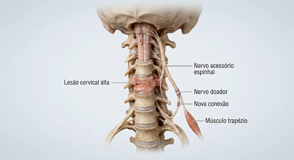 Ilustração da coluna cervical com uma lesão medular alta e o nervo acessório espinhal usado como nervo doador, com o ponto da nova conexão nervosa indicado.