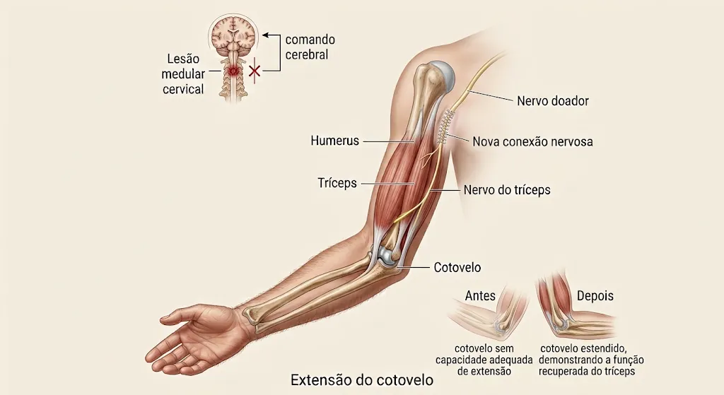 Ilustração da transferência nervosa para o nervo do tríceps no braço, com comparação entre o cotovelo sem capacidade de extensão antes da cirurgia e o cotovelo estendido depois.