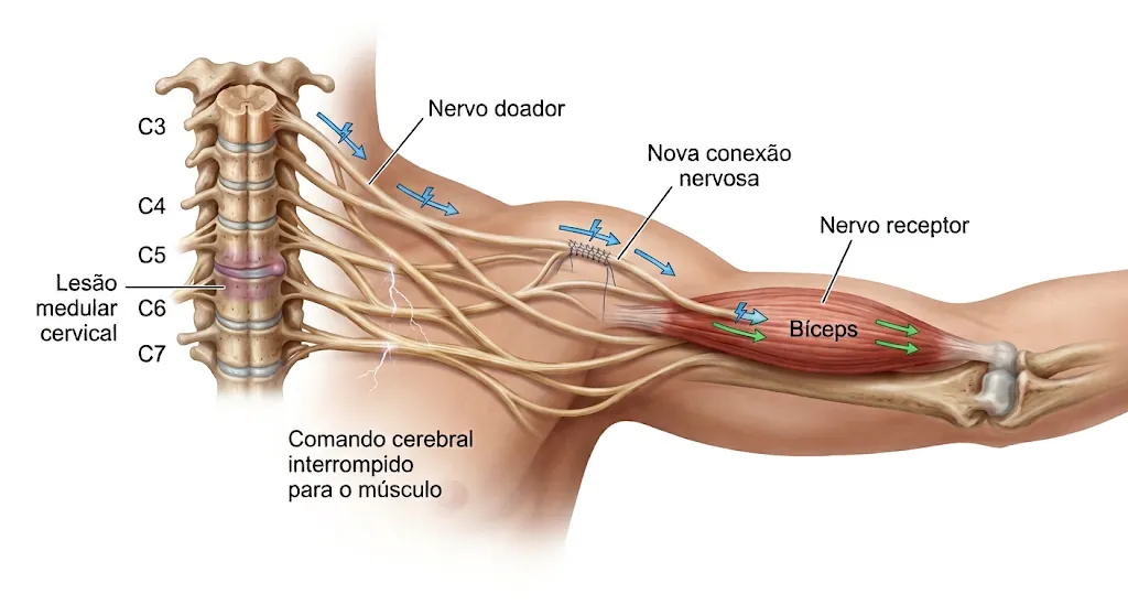 Ilustração de uma transferência nervosa para flexão do cotovelo em lesão medular cervical: um nervo doador preservado é conectado ao nervo receptor do músculo bíceps, contornando o comando cerebral interrompido na medula.