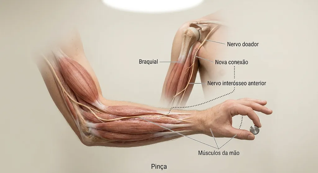 Ilustração da transferência do nervo do músculo braquial para o nervo interósseo anterior, que comanda os músculos responsáveis por fechar a mão e fazer pinça entre o polegar e o indicador.