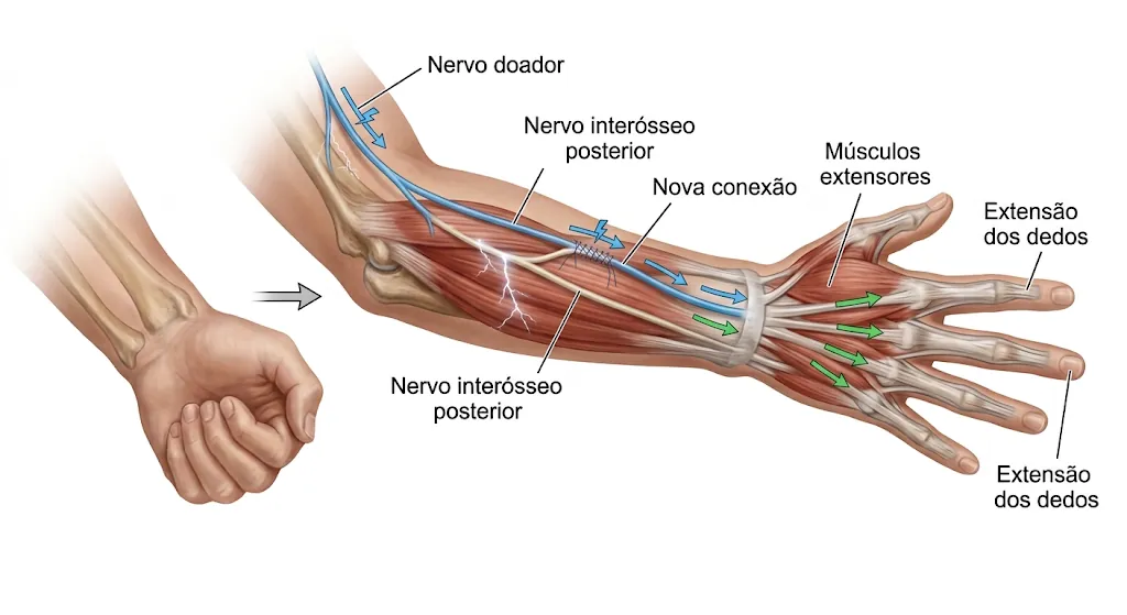 Ilustração da transferência do nervo do músculo supinador para o nervo interósseo posterior no antebraço, reativando os músculos extensores e permitindo esticar os dedos e abrir a mão.