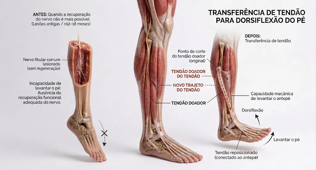 Ilustração da transferência de tendão para dorsiflexão do pé: o tendão do músculo tibial posterior é desviado por um novo trajeto até o dorso do pé, permitindo levantar a ponta do pé quando o nervo fibular não se recupera.
